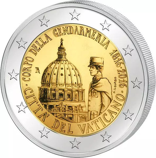 Pièce de 2 euros Vatican 200e anniversaire du corps de gendarmerie 2016, état neuf sous blister