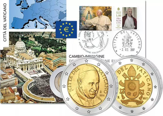 Lettre numismatique 2 x 2 euros, portrait et armoiries du pape François, Vatican, 2017