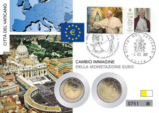 Lettre numismatique 2 x 2 euros, portrait et armoiries du pape François, Vatican, 2017