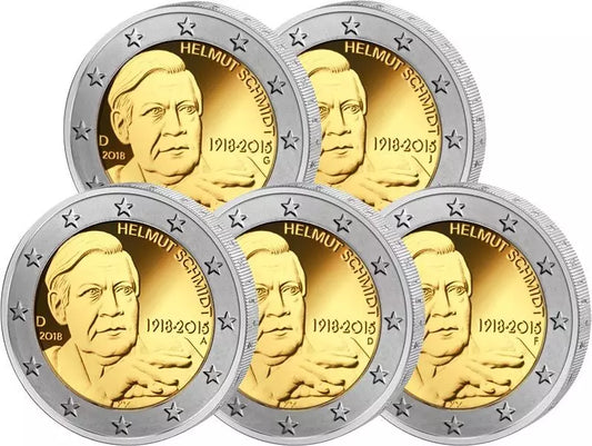 5 pièces de 2 euros, Allemagne, commémorant le 100e anniversaire d'Helmut Schmidt, 2018