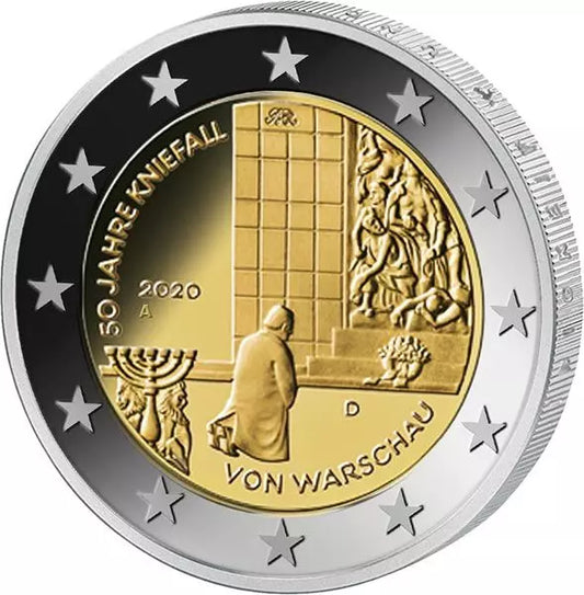 Pièce de 2 euros, Allemagne, commémorant le 50e anniversaire de la génuflexion de Varsovie 2020, en parfait état.