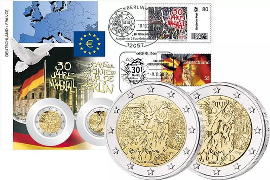 Double enveloppe numismatique Allemagne et France 30e anniversaire de la chute du mur de Berlin 2019 erreur d'impression