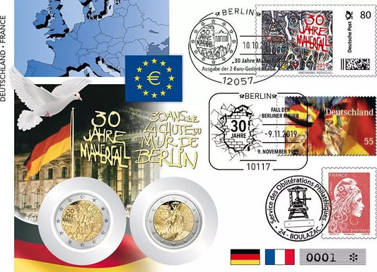 Double enveloppe numismatique Allemagne et France 30e anniversaire de la chute du mur de Berlin 2019 erreur d'impression