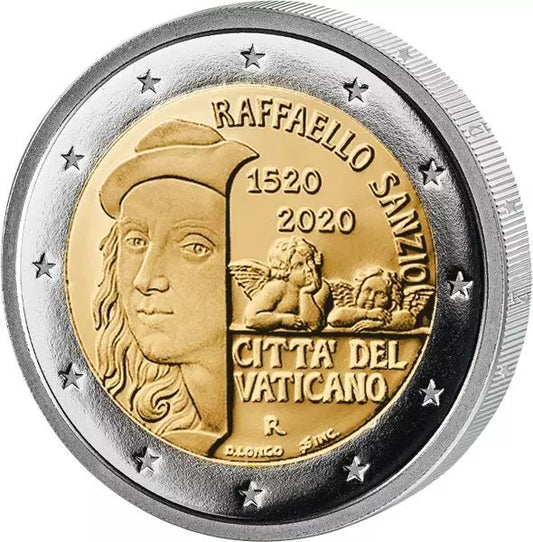 Pièce de 2 euros du Vatican, commémorant le 500e anniversaire de la mort de Raphaël (2020), en parfait état.
